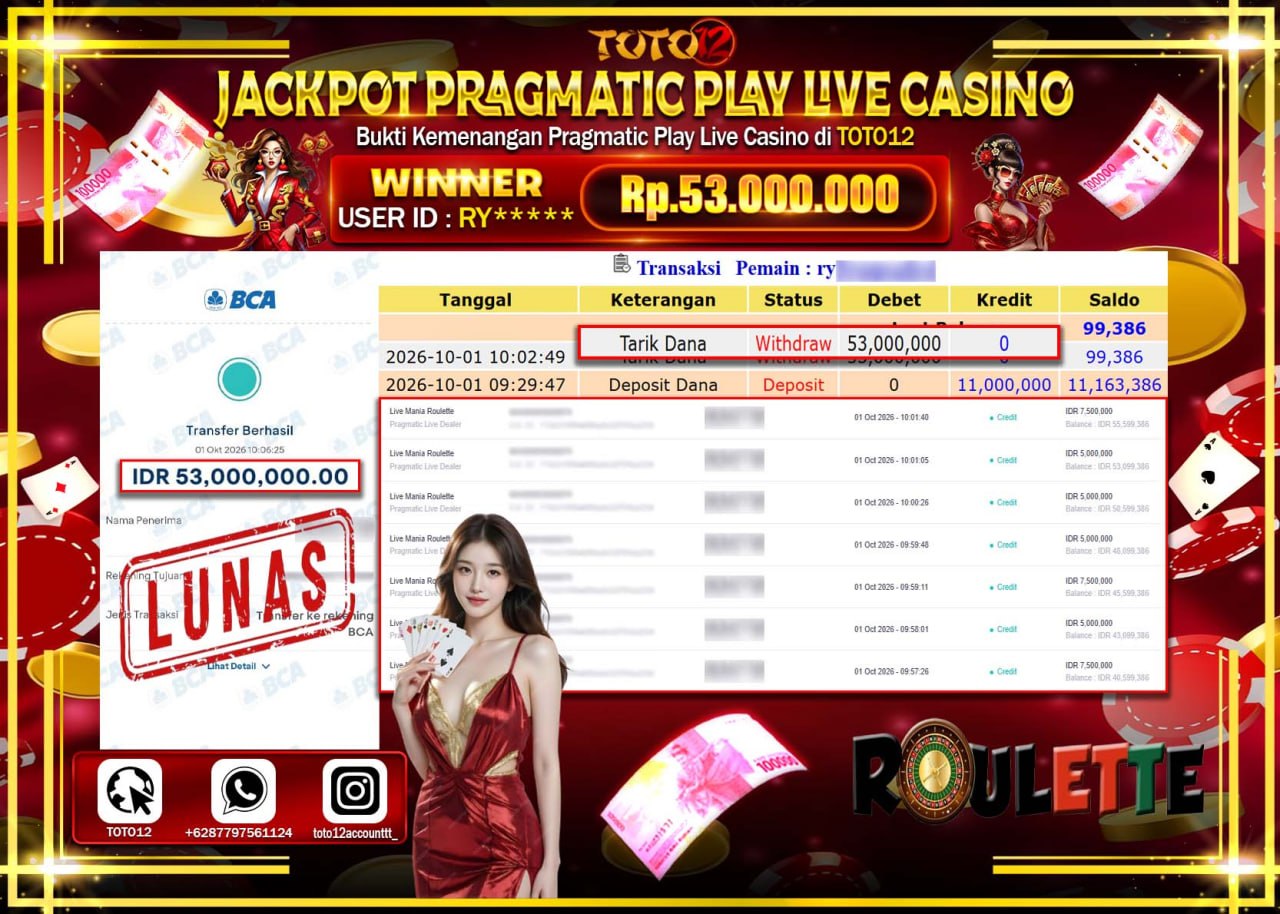 HANYA DI TOTO12 JP PASTI DI BAYAR LUNAS DAN CEPAT!!!!!! JACKPOT PRAGMATIC PLAY LIVE CASINO (MANIA ROULETTE) Rp53.000.000!!!!