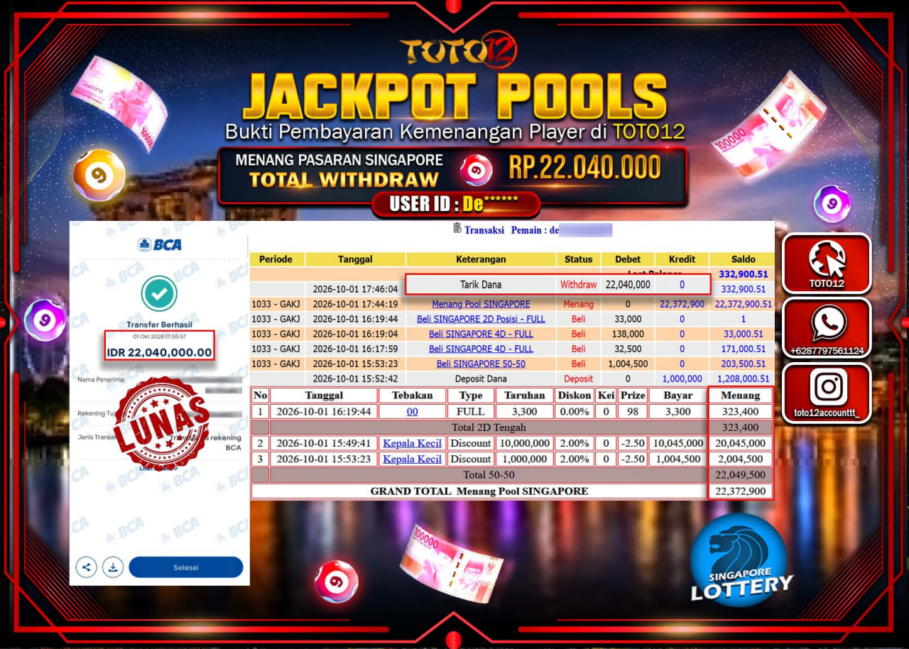 HANYA DI TOTO12 JP PASTI DI BAYAR LUNAS DAN CEPAT!!!!!! JACKPOT POOLS PASARAN (SINGAPORE) Rp22.040.000!!!!