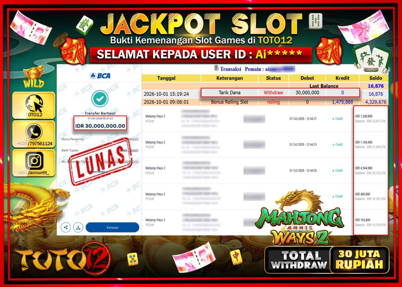 HANYA DI TOTO12 JP PASTI DI BAYAR LUNAS DAN CEPAT!!!!!! JACKPOT SLOT GAME (MAHJONG WAYS 2) Rp30.000.000!!!!