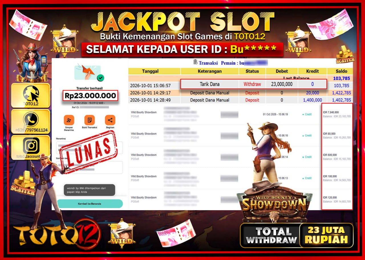 HANYA DI TOTO12 JP PASTI DI BAYAR LUNAS DAN CEPAT!!!!!! JACKPOT SLOT GAME (WILD BOUNTY SHOWDOWN) Rp23.000.000!!!!