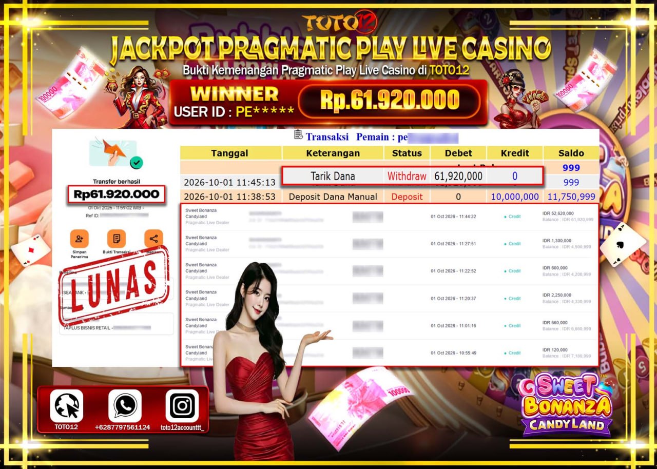 HANYA DI TOTO12 JP PASTI DI BAYAR LUNAS DAN CEPAT!!!!!! JACKPOT PRAGMATIC PLAY LIVE CASINO(SWEET BONANZA CANDY LAND) Rp61.920.000!!!!