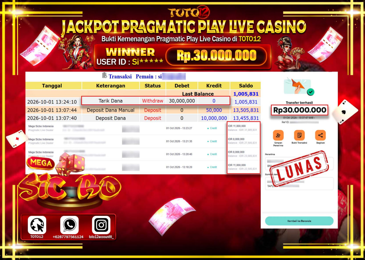 HANYA DI TOTO12 JP PASTI DI BAYAR LUNAS DAN CEPAT!!!!!! JACKPOT PRAGMATIC PLAY LIVE CASINO (MEGA SICBO INDONESIA) Rp30.000.000!!!!