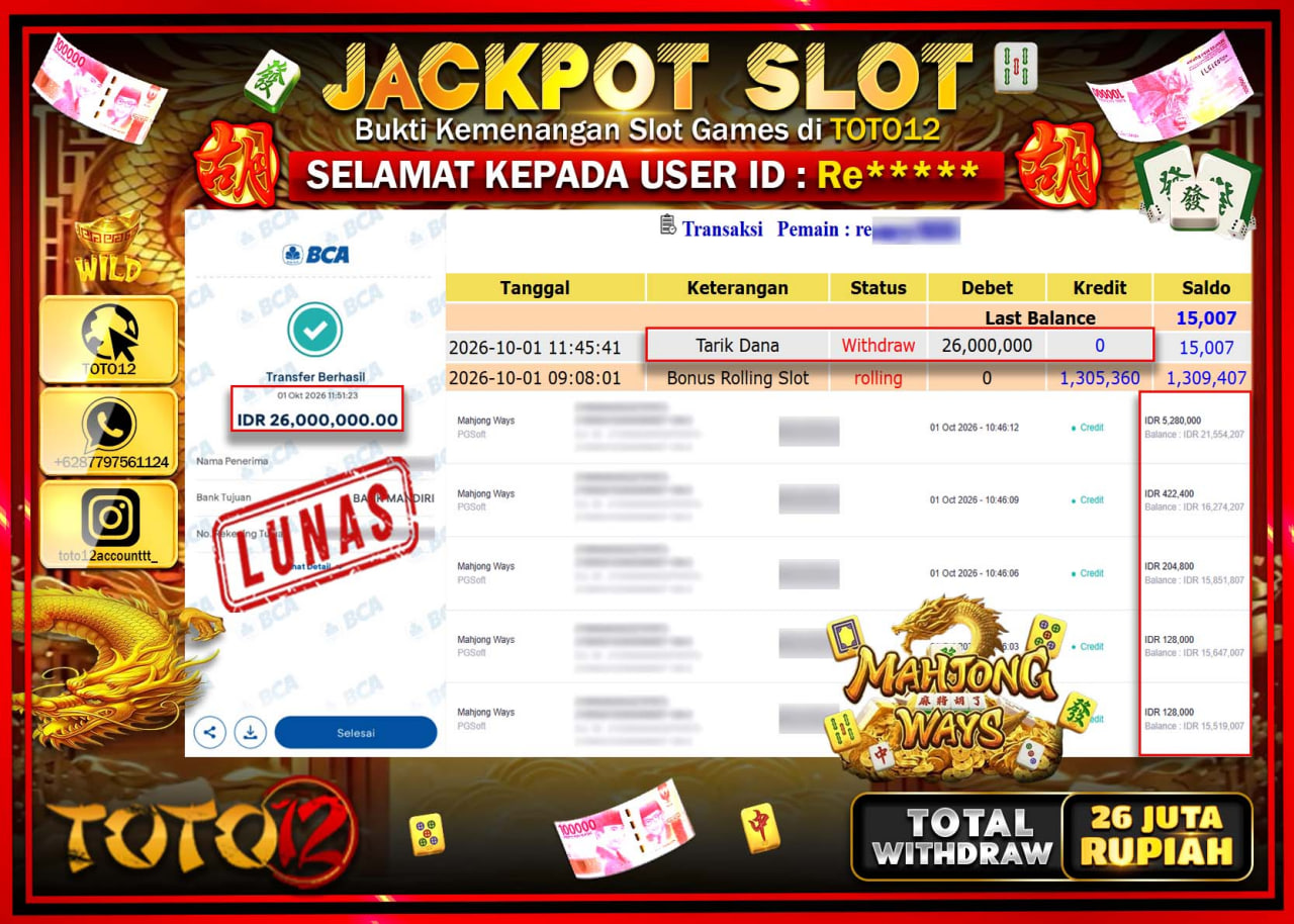 HANYA DI TOTO12 JP PASTI DI BAYAR LUNAS DAN CEPAT!!!!!! JACKPOT SLOT GAME (MAHJONG WAYS) Rp26.000.000!!!!