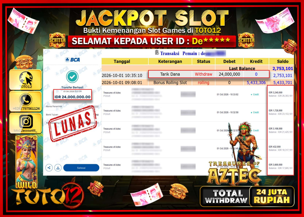 HANYA DI TOTO12 JP PASTI DI BAYAR LUNAS DAN CEPAT!!!!!! JACKPOT SLOT GAME (TREASURES OF AZTEC) Rp24.000.000!!!!