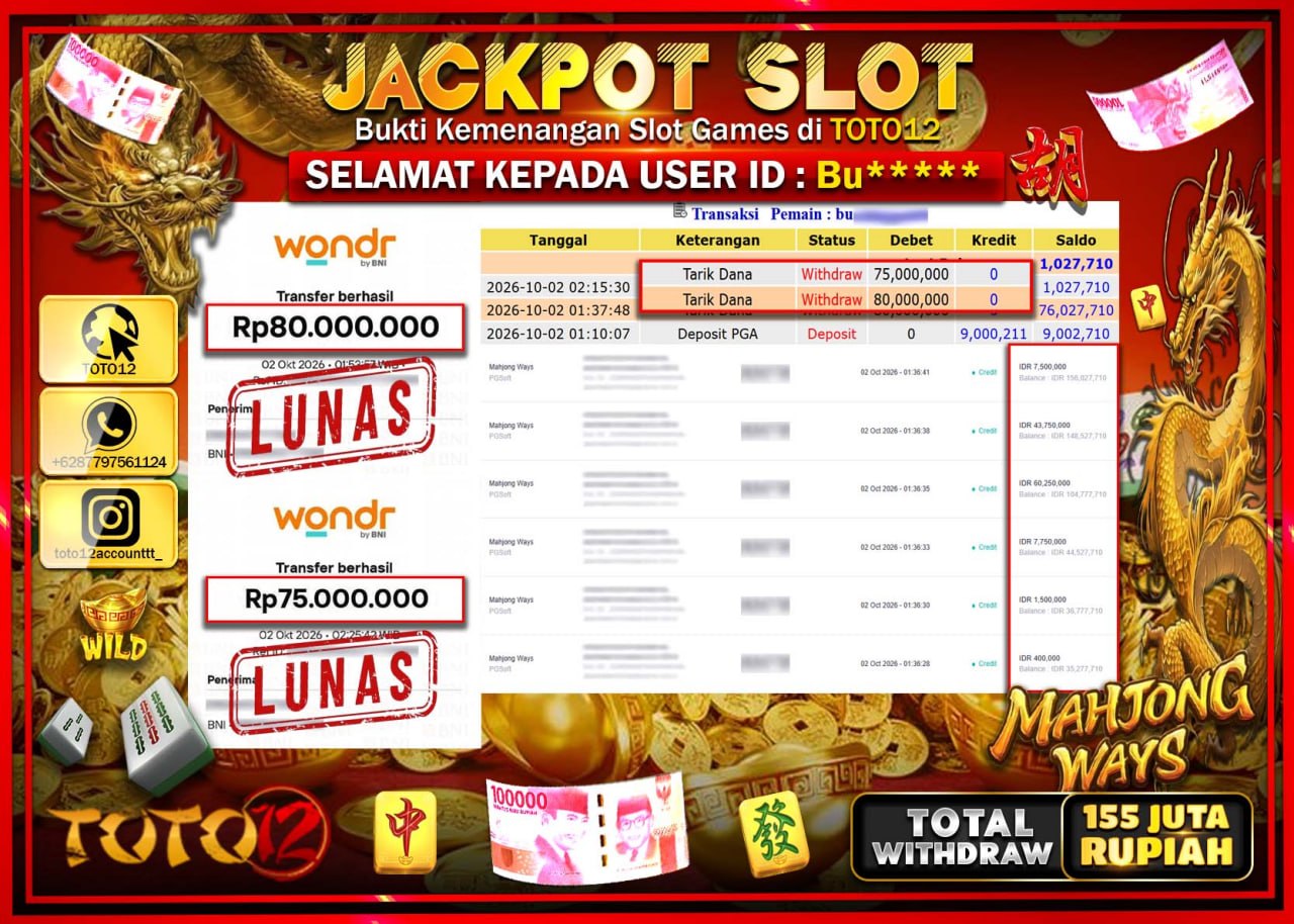HANYA DI TOTO12 JP PASTI DI BAYAR LUNAS DAN CEPAT!!!!!! JACKPOT SLOT GAME (MAHJONG WAYS) Rp155.000.000!!!!