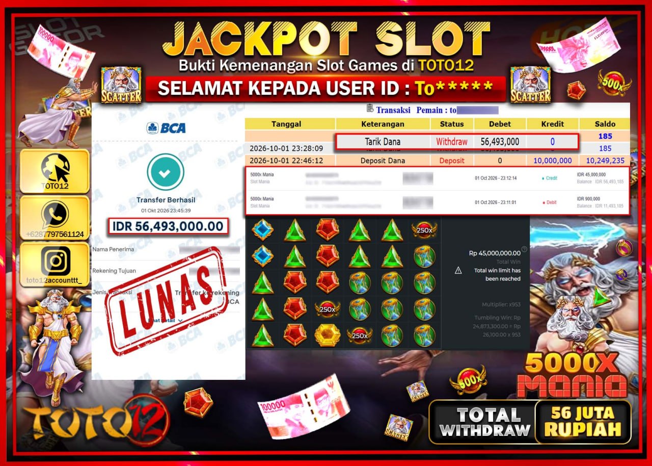 HANYA DI TOTO12 JP PASTI DI BAYAR LUNAS DAN CEPAT!!!!!! JACKPOT SLOT GAME (5000X MANIA) Rp56.493.000!!!!