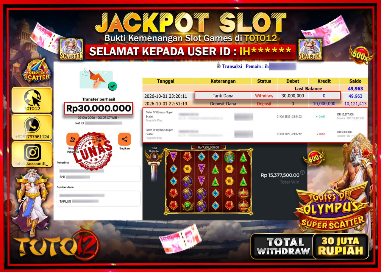 HANYA DI TOTO12 JP PASTI DI BAYAR LUNAS DAN CEPAT!!!!!! JACKPOT SLOT GAME (GATES OF OLYMPUS SUPER SCATTER) Rp30.000.000!!!!