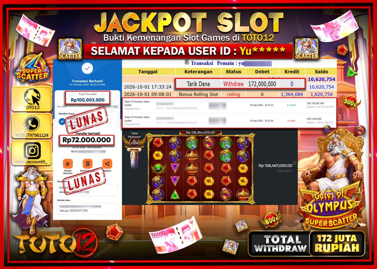 HANYA DI TOTO12 JP PASTI DI BAYAR LUNAS DAN CEPAT!!!!!! JACKPOT SLOT GAME (GATES OF OLYMPUS SUPER SCATTER) Rp172.000.000!!!!