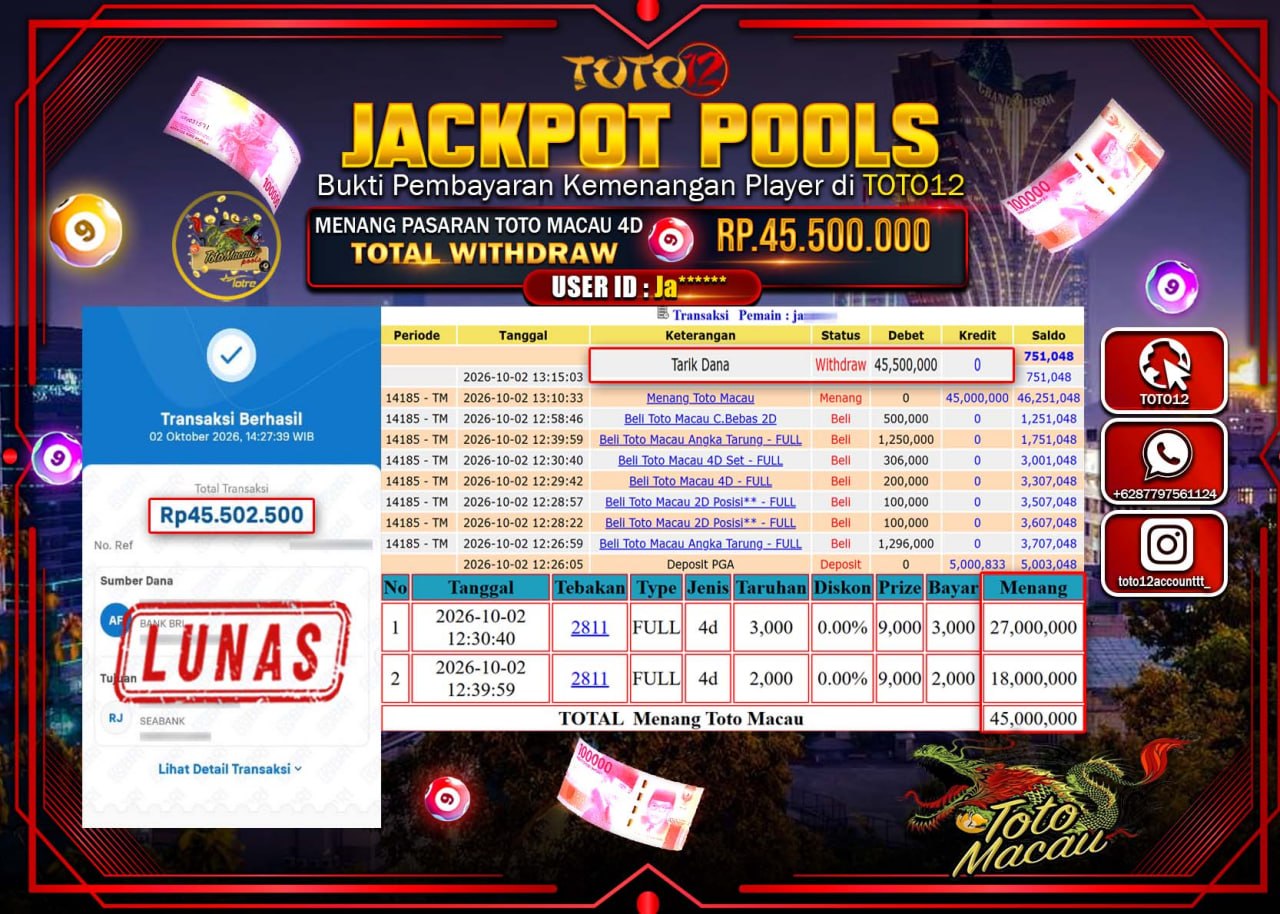 HANYA DI TOTO12 JP PASTI DI BAYAR LUNAS DAN CEPAT!!!!!! JACKPOT POOLS PASARAN(MACAU4D) Rp45.500.000!!!!