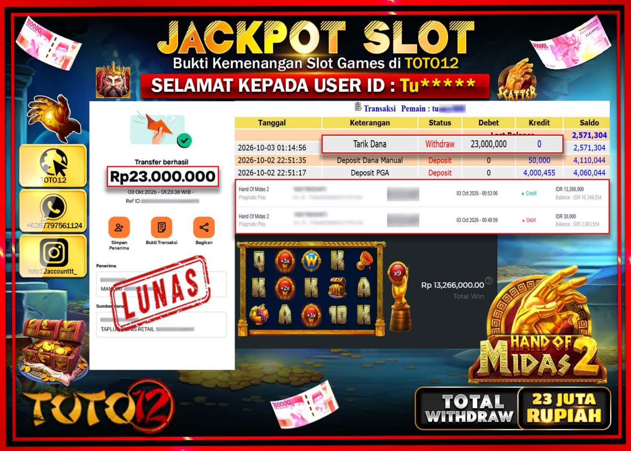 HANYA DI TOTO12 JP PASTI DI BAYAR LUNAS DAN CEPAT!!!!!! JACKPOT SLOT GAME (HAND OF MIDAS 2) Rp23.000.000!!!!