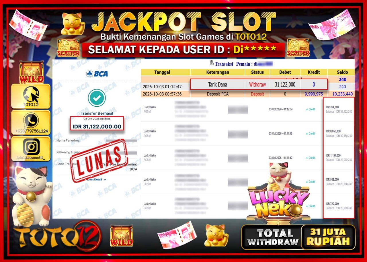 HANYA DI TOTO12 JP PASTI DI BAYAR LUNAS DAN CEPAT!!!!!! JACKPOT SLOT GAME (LUCKY NEKO) Rp31.122.000!!!!