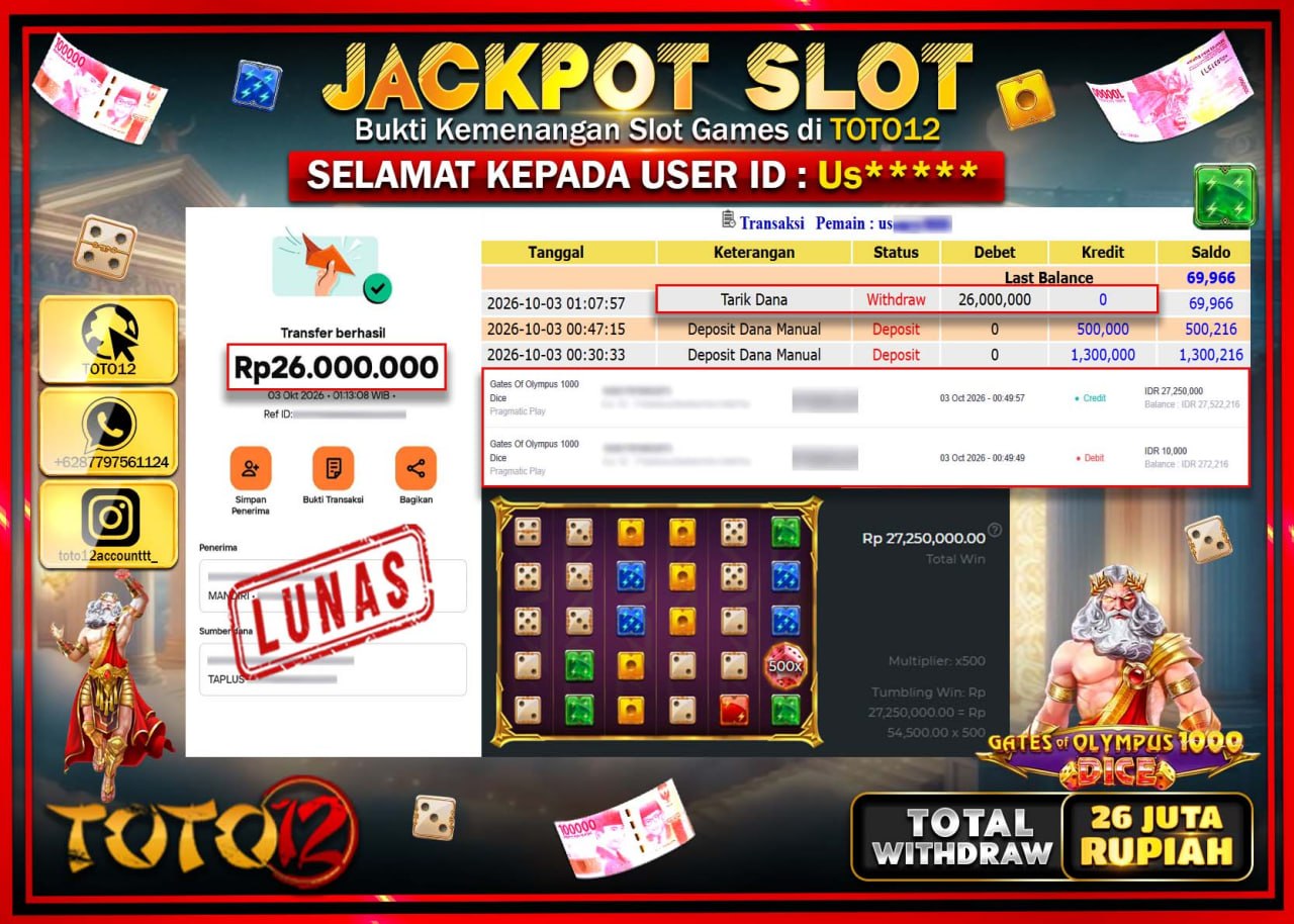 HANYA DI TOTO12 JP PASTI DI BAYAR LUNAS DAN CEPAT!!!!!! JACKPOT SLOT GAME (GATES OF OLYMPUS 1000 DICE) Rp26.000.000!!!!