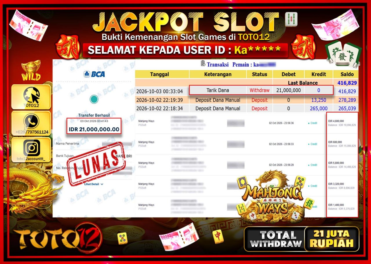 HANYA DI TOTO12 JP PASTI DI BAYAR LUNAS DAN CEPAT!!!!!! JACKPOT SLOT GAME (MAHJONG WAYS) Rp21.000.000!!!!