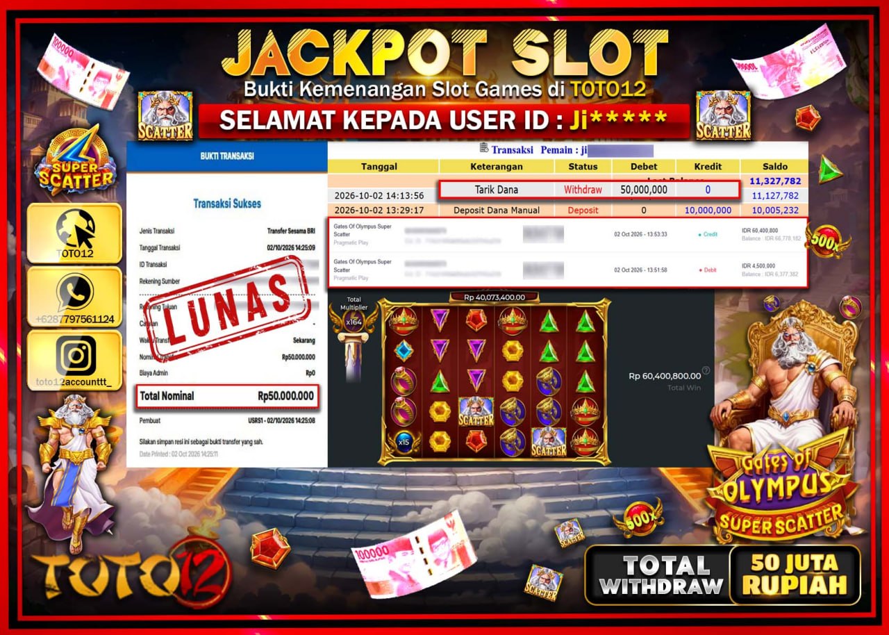 HANYA DI TOTO12 JP PASTI DI BAYAR LUNAS DAN CEPAT!!!!!! JACKPOT SLOT GAME (GATES OF OLYMPUS SUPER SCATTER) Rp50.000.000!!!!
