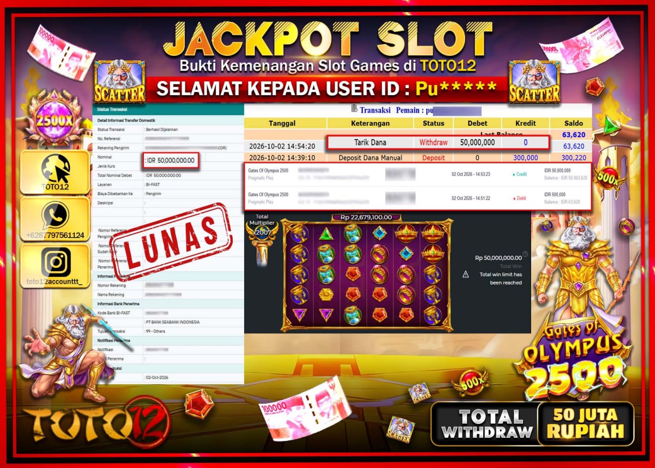 HANYA DI TOTO12 JP PASTI DI BAYAR LUNAS DAN CEPAT!!!!!! JACKPOT SLOT GAME (GATES OF OLYMPUS 2500) Rp50.000.000!!!!