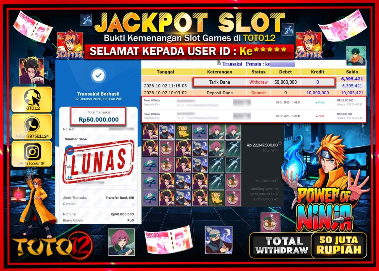 HANYA DI TOTO12 JP PASTI DI BAYAR LUNAS DAN CEPAT!!!!!! JACKPOT SLOT GAME (POWER OF NINJA) Rp50.000.000!!!!
