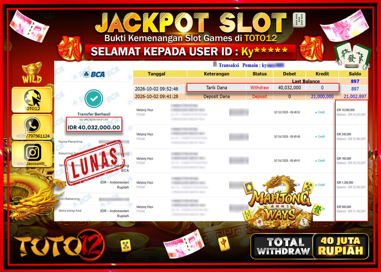 HANYA DI TOTO12 JP PASTI DI BAYAR LUNAS DAN CEPAT!!!!!! JACKPOT SLOT GAME (MAHJONG WAYS) Rp40.032.000!!!!