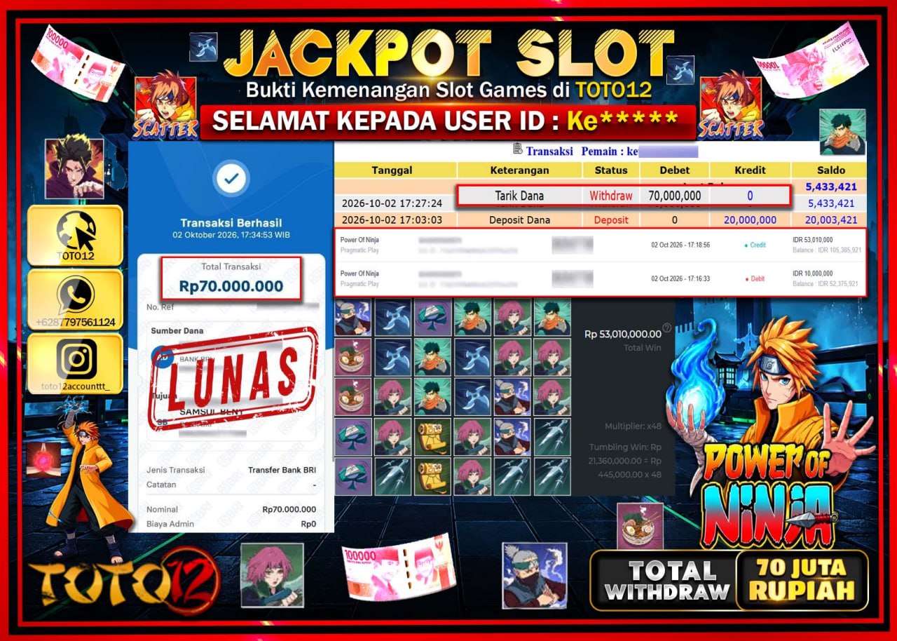 HANYA DI TOTO12 JP PASTI DI BAYAR LUNAS DAN CEPAT!!!!!! JACKPOT SLOT GAME (POWER OF NINJA) Rp70.000.000!!!!