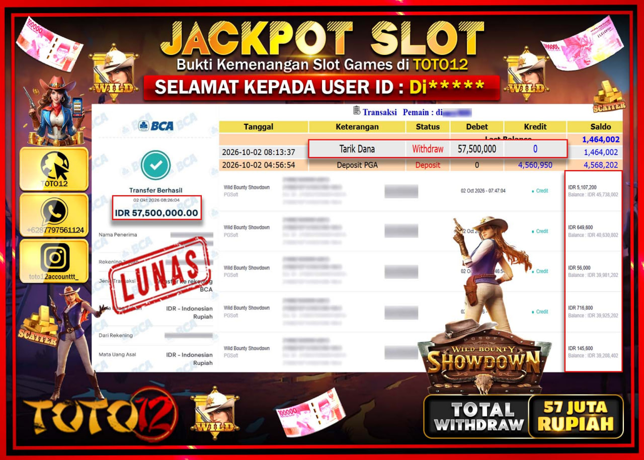 HANYA DI TOTO12 JP PASTI DI BAYAR LUNAS DAN CEPAT!!!!!! JACKPOT SLOT GAME (WILD BOUNTY SHOWDOWN) Rp57.500.000!!!!