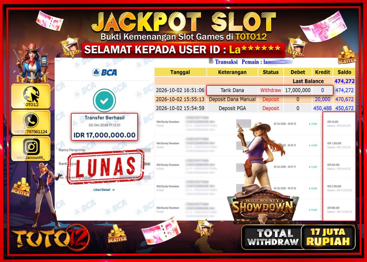 HANYA DI TOTO12 JP PASTI DI BAYAR LUNAS DAN CEPAT!!!!!! JACKPOT SLOT GAME (WILD BOUNTY SHOWDOWN) Rp17.000.000!!!!