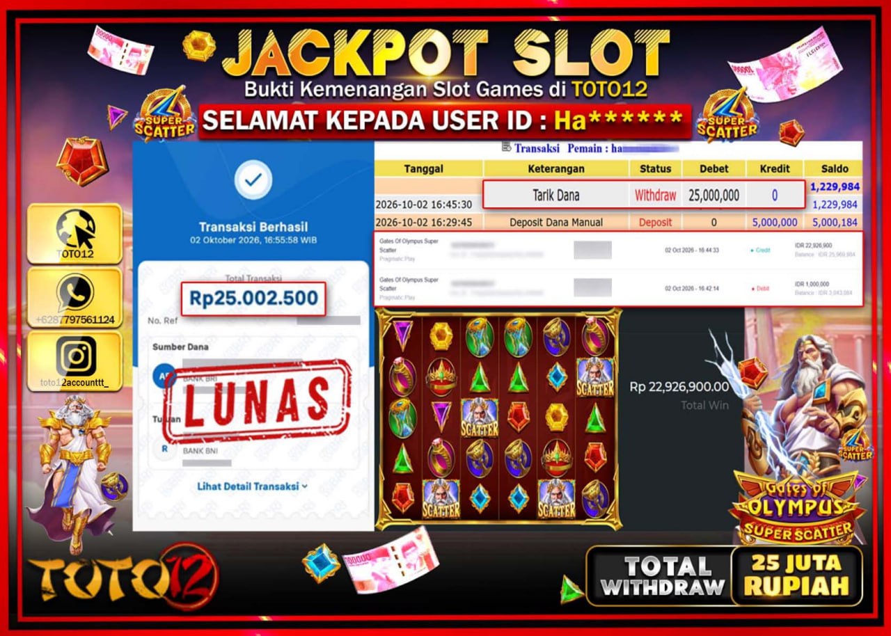 HANYA DI TOTO12 JP PASTI DI BAYAR LUNAS DAN CEPAT!!!!!! JACKPOT SLOT GAME (GATES OF OLYMPUS SUPER SCATTER) Rp25.000.000!!!!