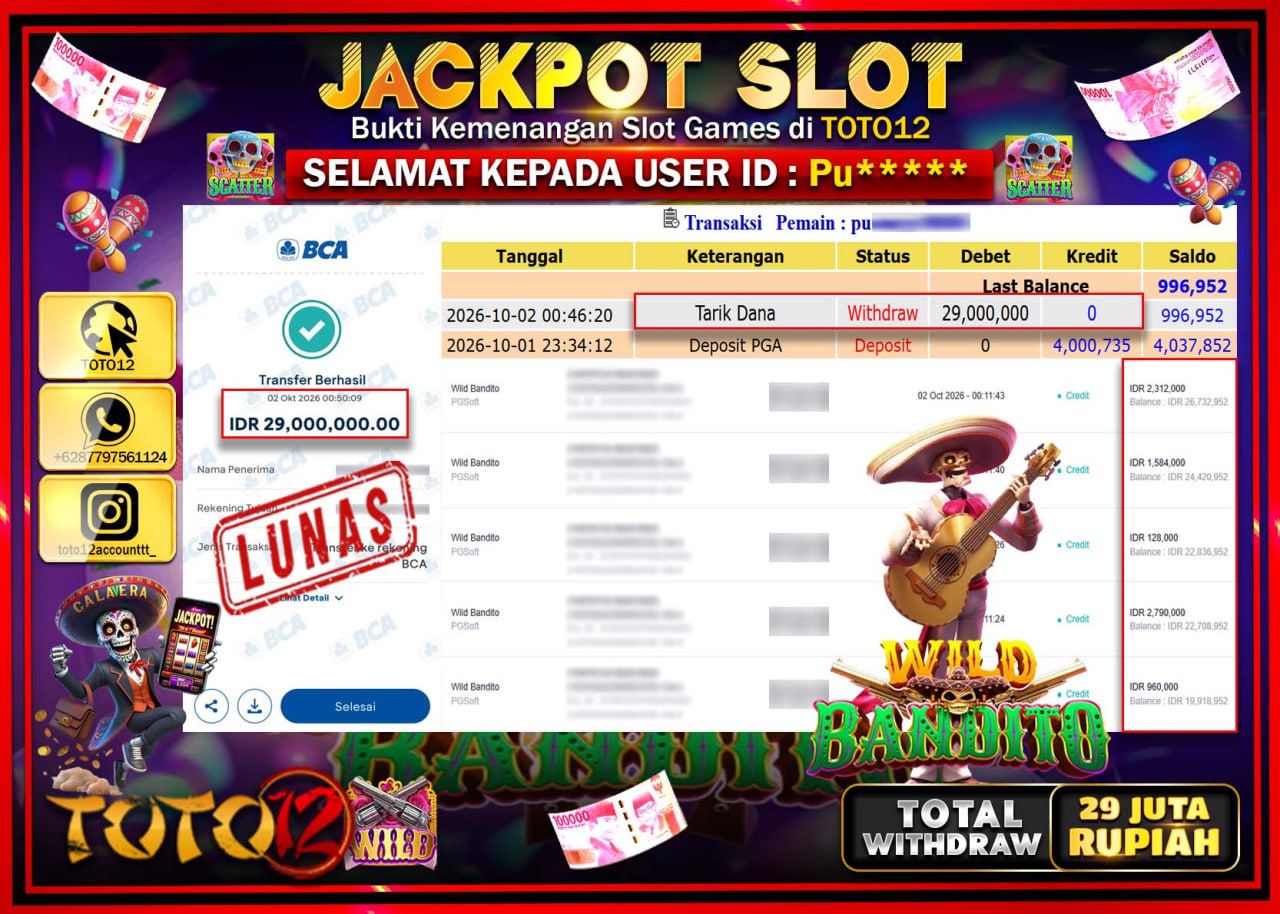 HANYA DI TOTO12 JP PASTI DI BAYAR LUNAS DAN CEPAT!!!!!! JACKPOT SLOT GAME (WILD BANDITO) Rp29.000.000!!!!