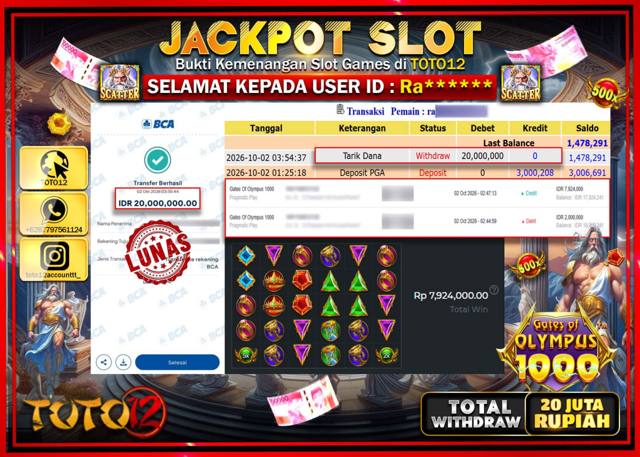 HANYA DI TOTO12 JP PASTI DI BAYAR LUNAS DAN CEPAT!!!!!! JACKPOT SLOT GAME (GATES OF OLYMPUS 1000) Rp20.000.000!!!!