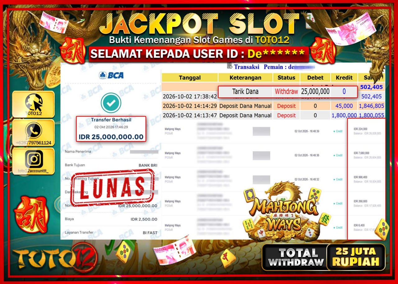 HANYA DI TOTO12 JP PASTI DI BAYAR LUNAS DAN CEPAT!!!!!! JACKPOT SLOT GAME (MAHJONG WAYS) Rp25.000.000!!!!
