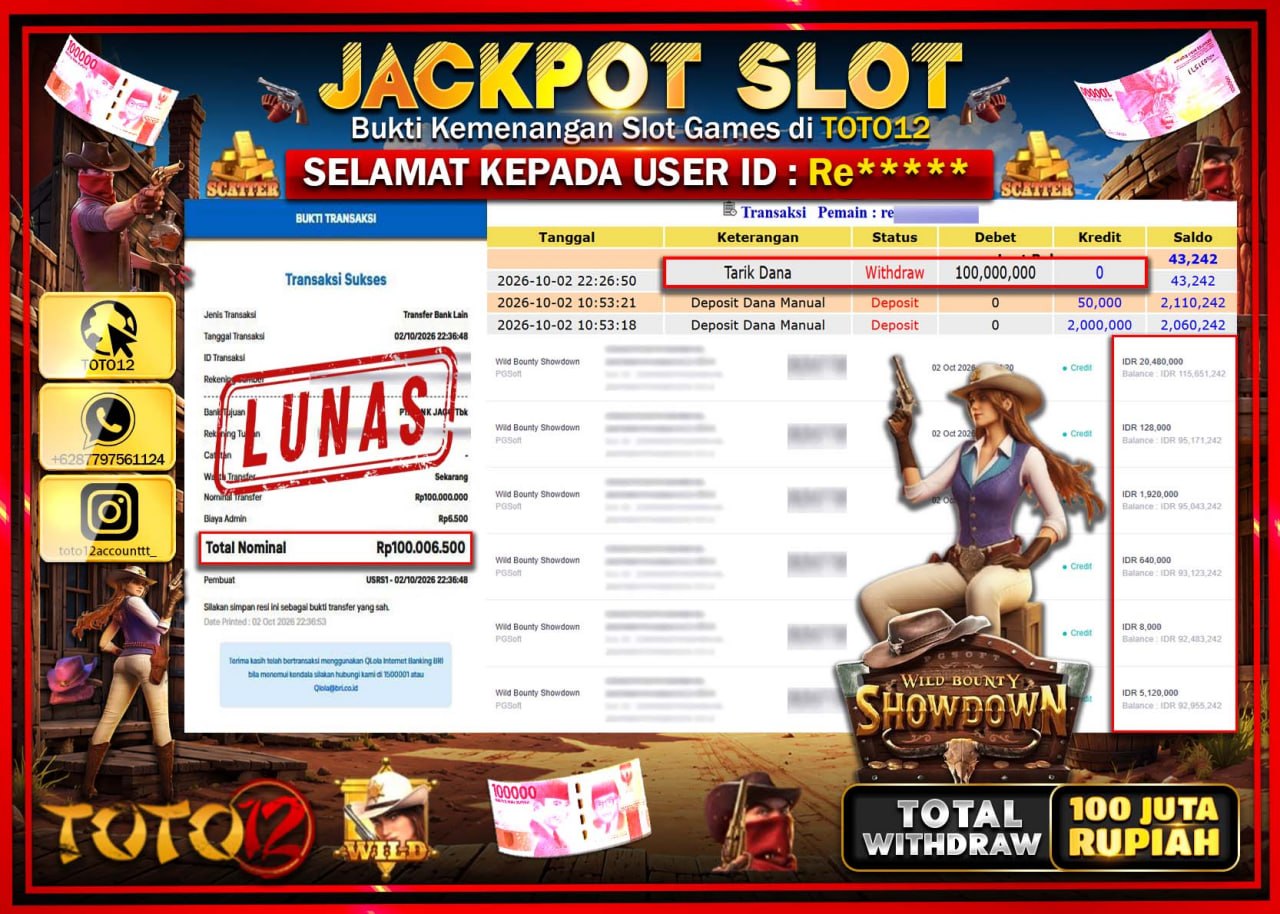 HANYA DI TOTO12 JP PASTI DI BAYAR LUNAS DAN CEPAT!!!!!! JACKPOT SLOT GAME (WILD BOUNTY SHOWDOWN) Rp100.000.000!!!!