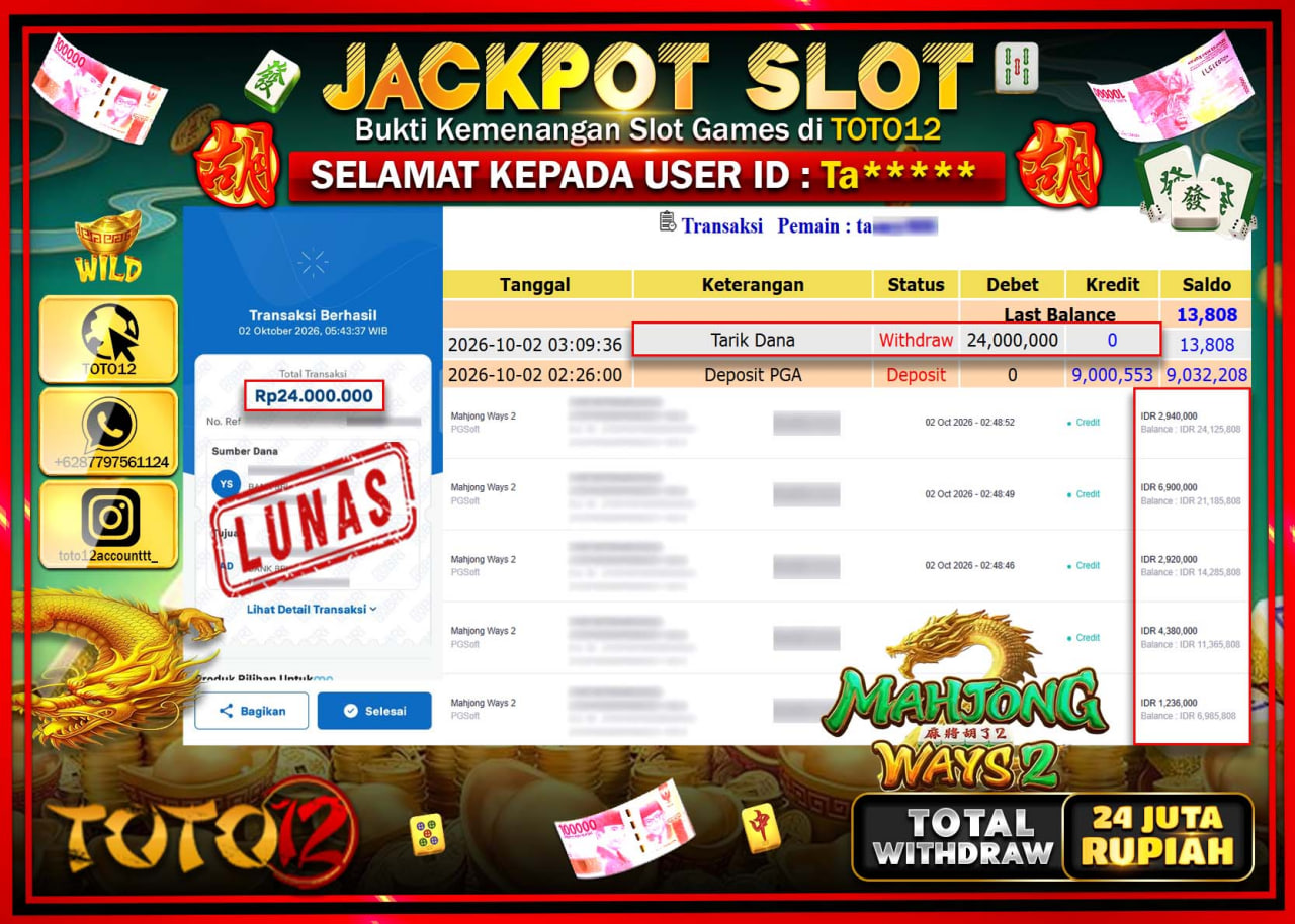 HANYA DI TOTO12 JP PASTI DI BAYAR LUNAS DAN CEPAT!!!!!! JACKPOT SLOT GAME (MAHJONG WAYS 2) Rp24.000.000!!!!