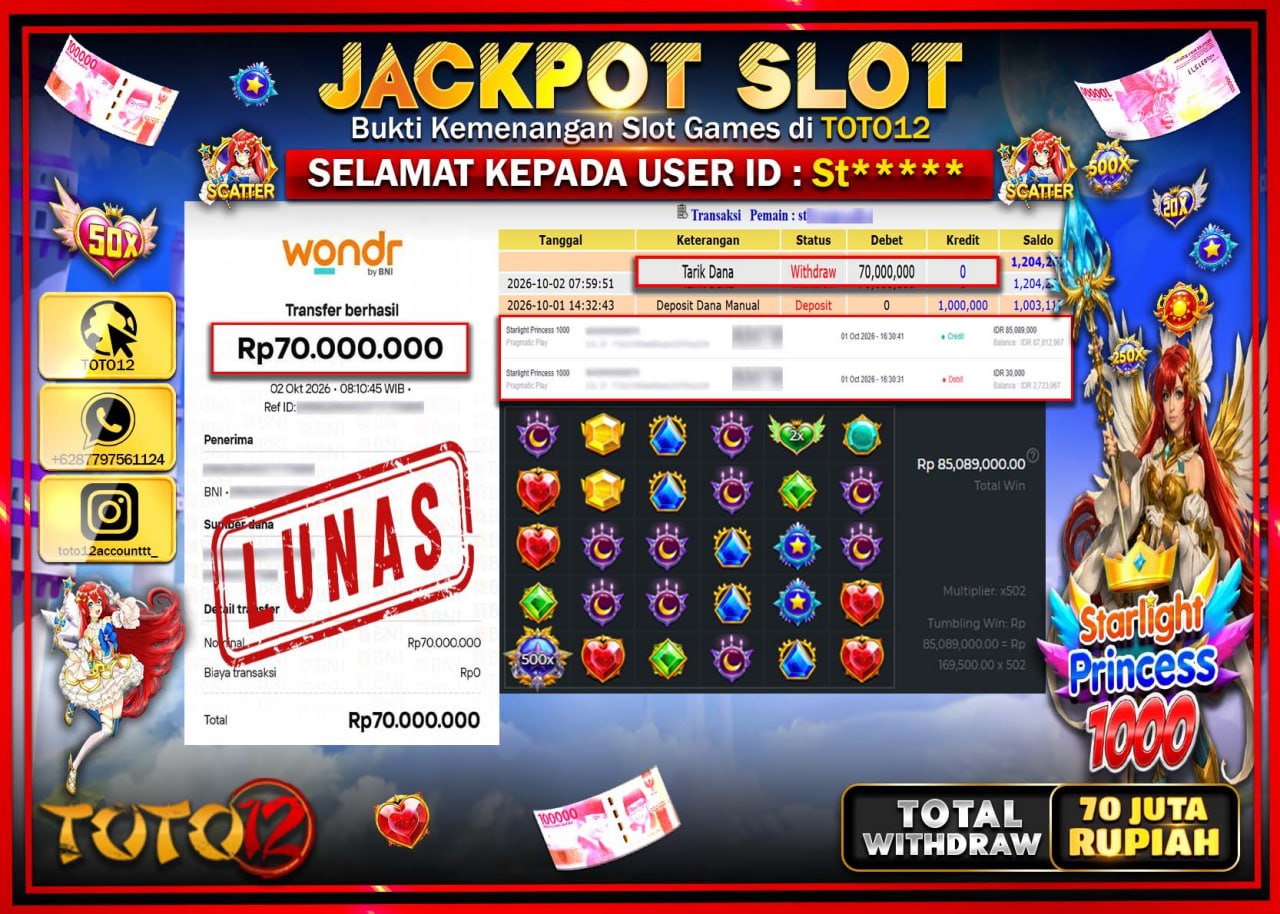 HANYA DI TOTO12 JP PASTI DI BAYAR LUNAS DAN CEPAT!!!!!! JACKPOT SLOT GAME (STARLIGHT PRINCESS 1000) Rp70.000.000!!!!