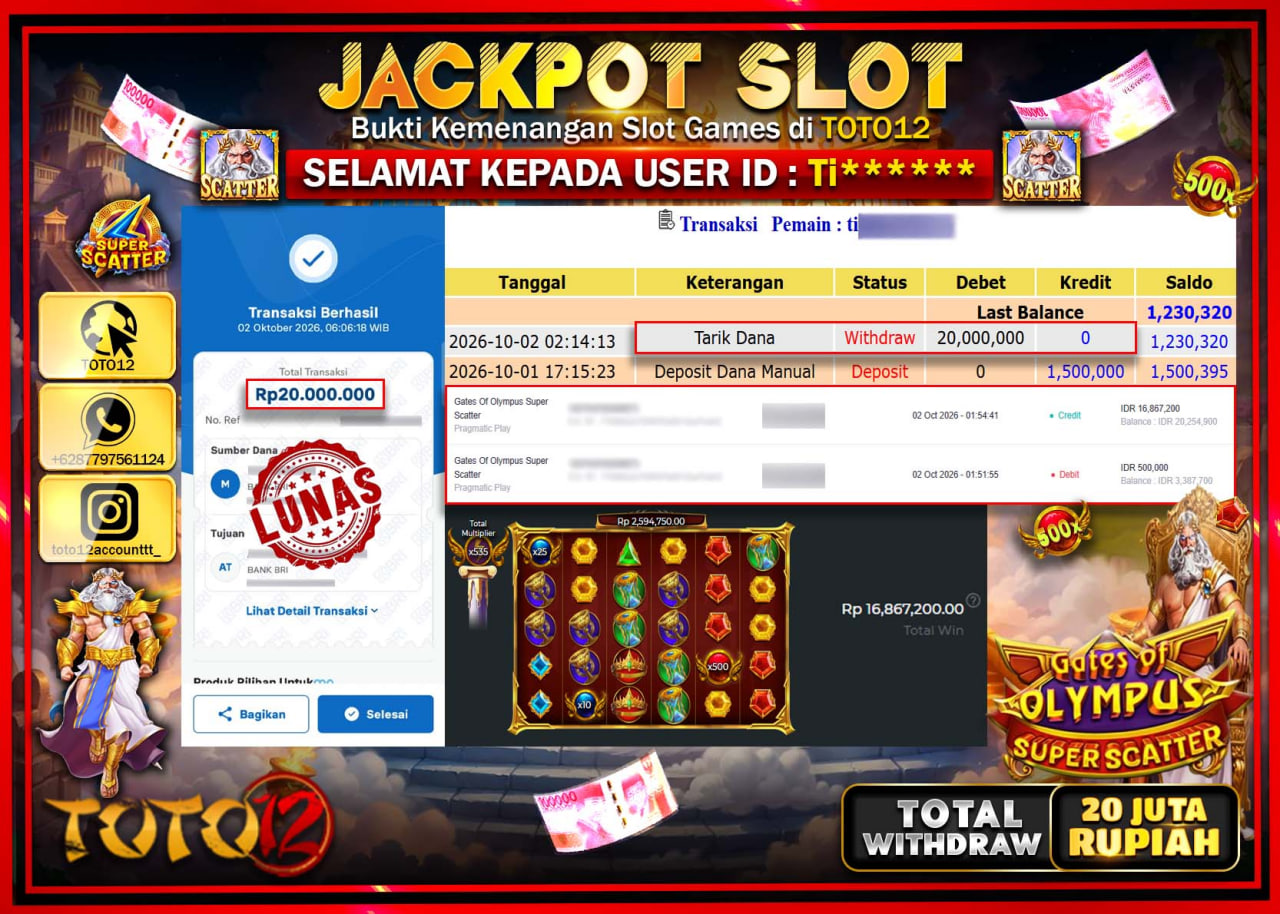 HANYA DI TOTO12 JP PASTI DI BAYAR LUNAS DAN CEPAT!!!!!! JACKPOT SLOT GAME (GATES OF OLYMPUS SUPER SCATTER) Rp20.000.000!!!!
