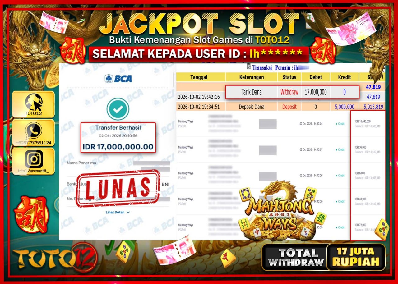 HANYA DI TOTO12 JP PASTI DI BAYAR LUNAS DAN CEPAT!!!!!! JACKPOT SLOT GAME (MAHJONG WAYS) Rp17.000.000!!!!