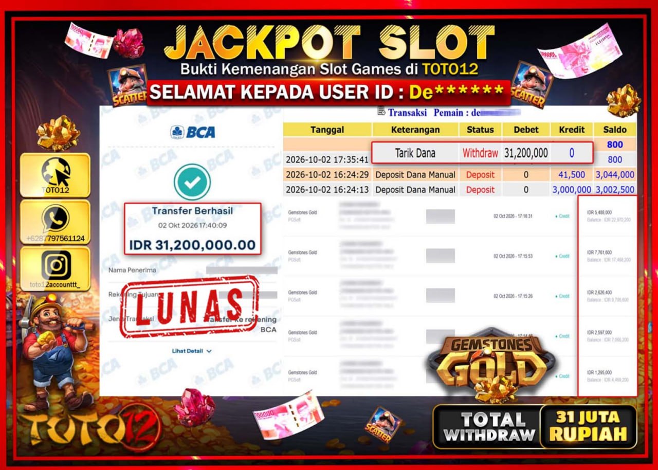 HANYA DI TOTO12 JP PASTI DI BAYAR LUNAS DAN CEPAT!!!!!! JACKPOT SLOT GAME (GEMSTONES GOLD) Rp31.200.000!!!!