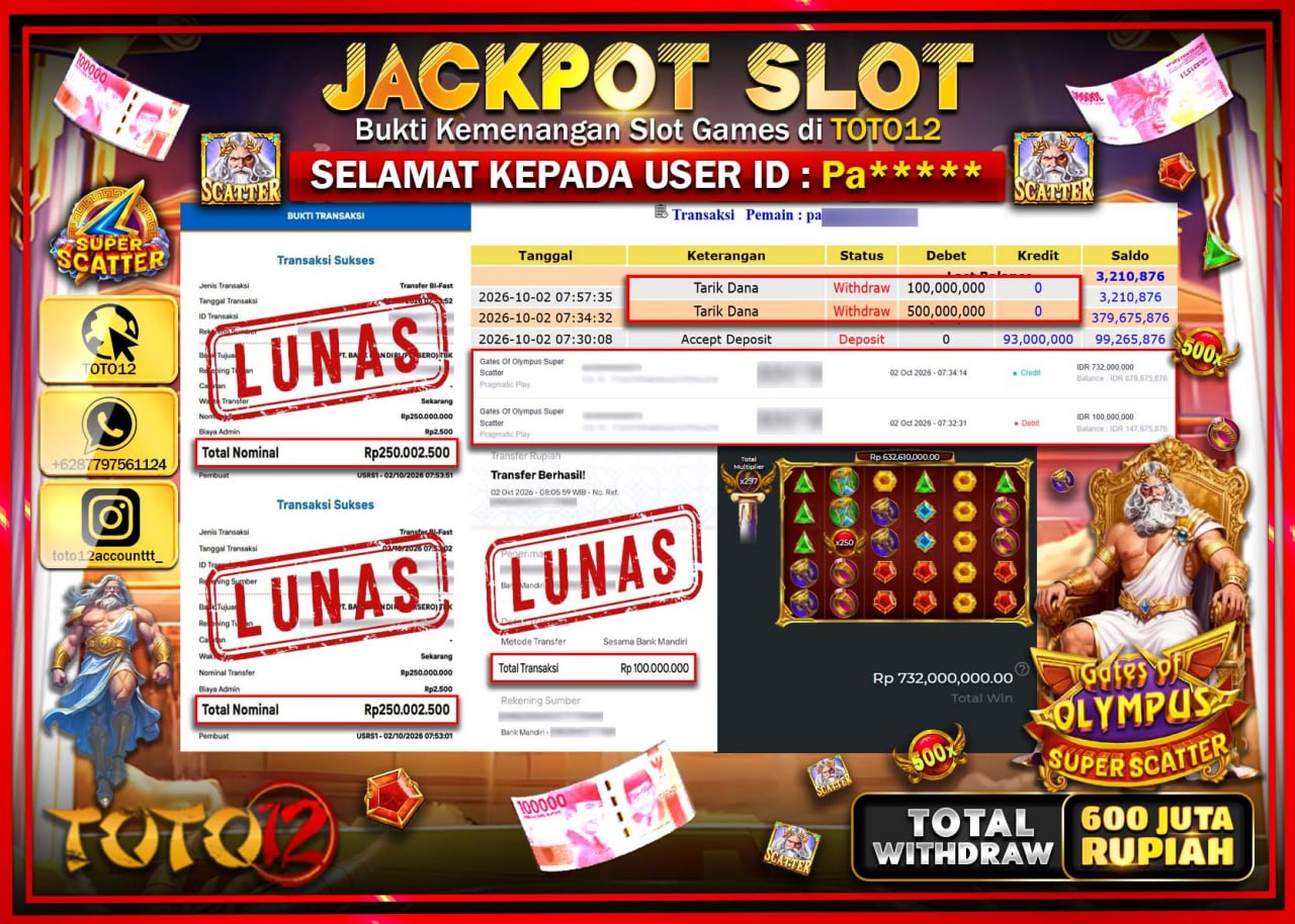 HANYA DI TOTO12 JP PASTI DI BAYAR LUNAS DAN CEPAT!!!!!! JACKPOT SLOT GAME (GATES OF OLYMPUS SUPER SCATTER) Rp600.000.000!!!!