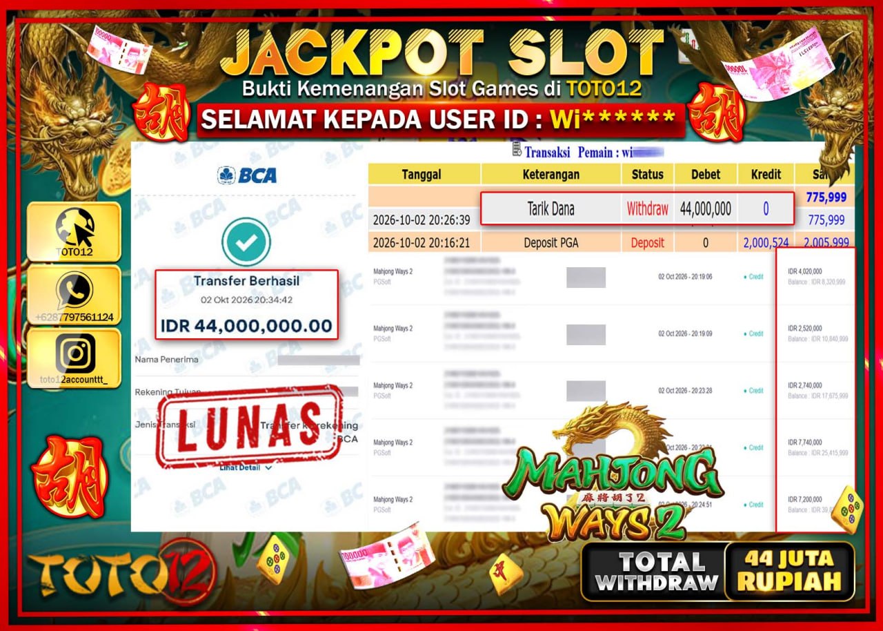 HANYA DI TOTO12 JP PASTI DI BAYAR LUNAS DAN CEPAT!!!!!! JACKPOT SLOT GAME (MAHJONG WAYS 2) Rp44.000.000!!!!