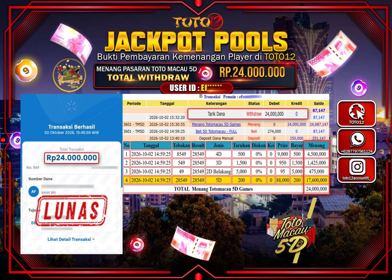 HANYA DI TOTO12 JP PASTI DI BAYAR LUNAS DAN CEPAT!!!!!! JACKPOT POOLS PASARAN(MACAU5D) Rp24.000.000!!!!