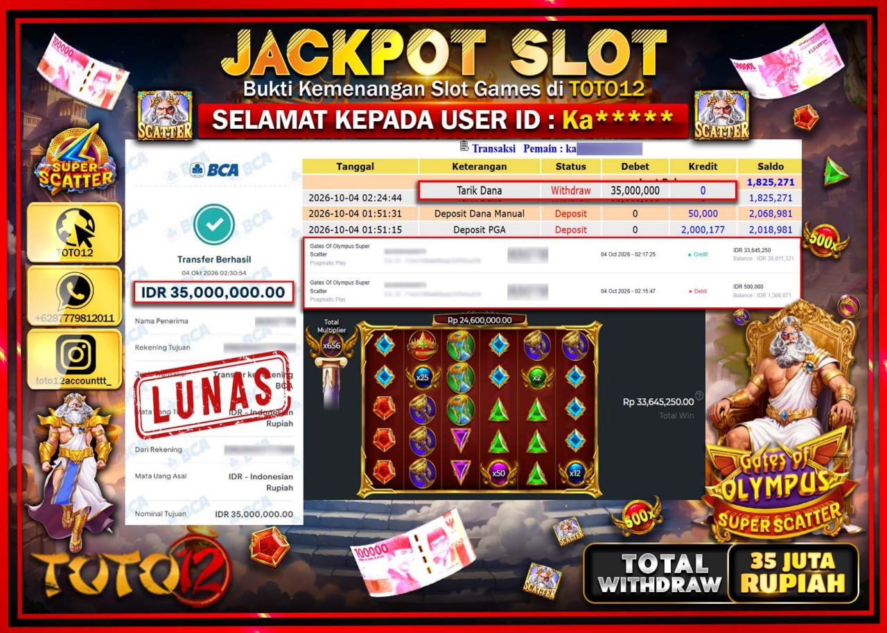HANYA DI TOTO12 JP PASTI DI BAYAR LUNAS DAN CEPAT!!!!!! JACKPOT SLOT GAME (GATES OF OLYMPUS SUPER SCATTER) Rp35.000.000!!!!
