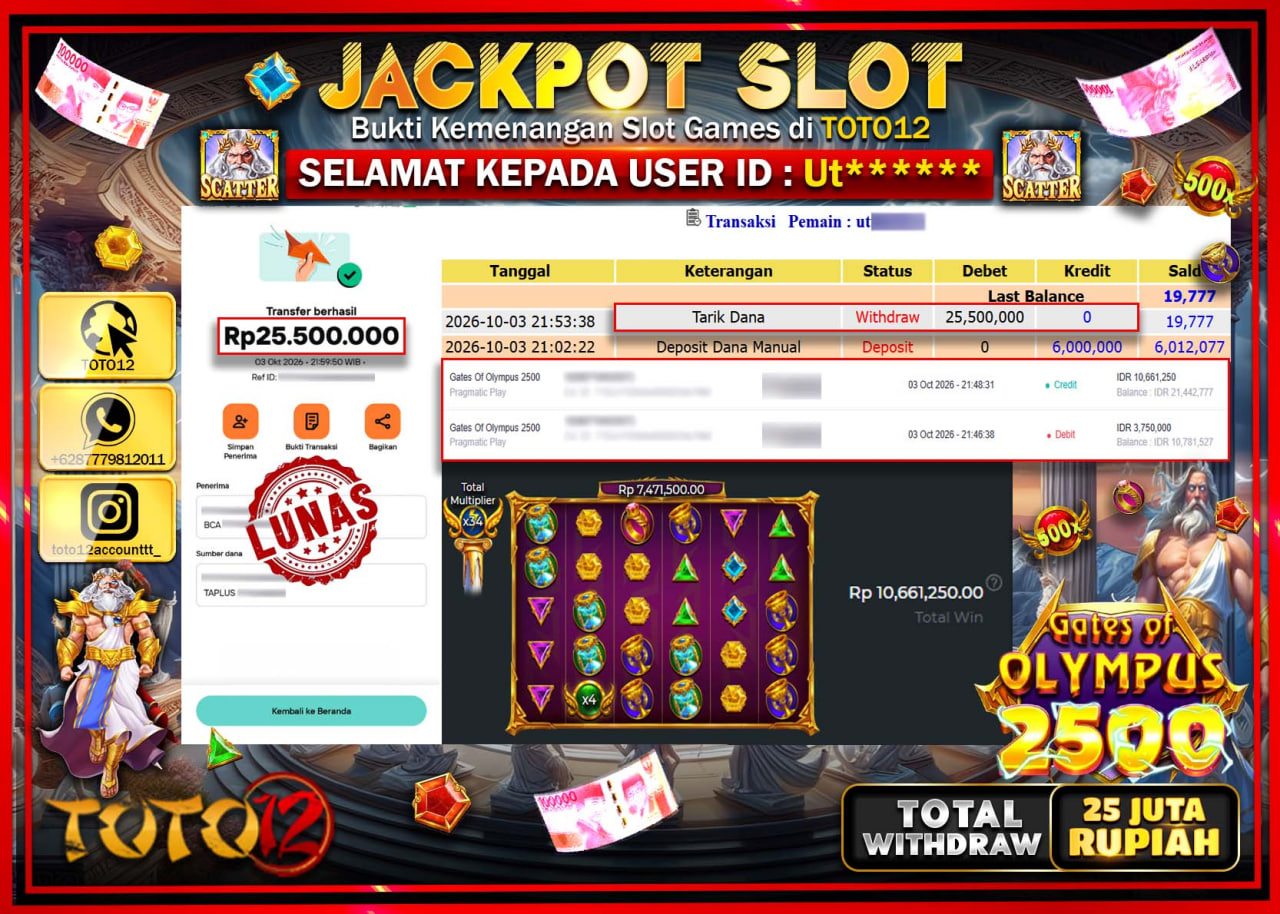 HANYA DI TOTO12 JP PASTI DI BAYAR LUNAS DAN CEPAT!!!!!! JACKPOT SLOT GAME (GATES OF OLYMPUS 2500) Rp25.500.000!!!!