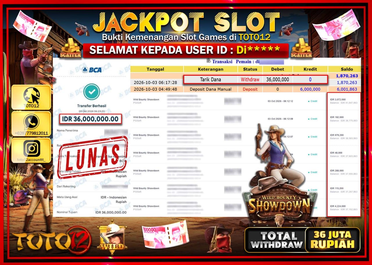 HANYA DI TOTO12 JP PASTI DI BAYAR LUNAS DAN CEPAT!!!!!! JACKPOT SLOT GAME (WILD BOUNTY SHOWDOWN) Rp36.000.000!!!!