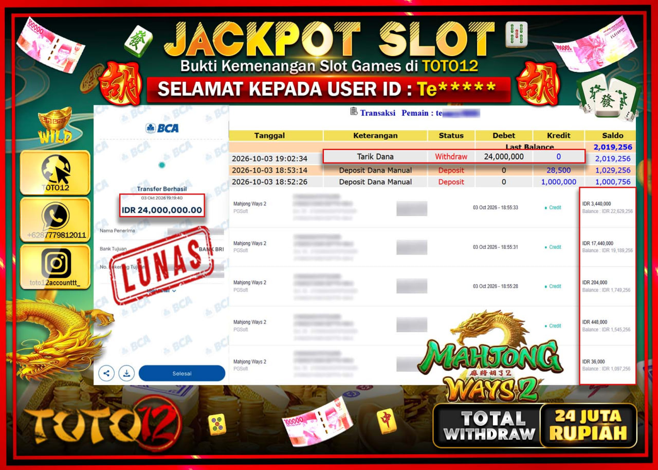 HANYA DI TOTO12 JP PASTI DI BAYAR LUNAS DAN CEPAT!!!!!! JACKPOT SLOT GAME (MAHJONG WAYS 2) Rp24.000.000!!!!