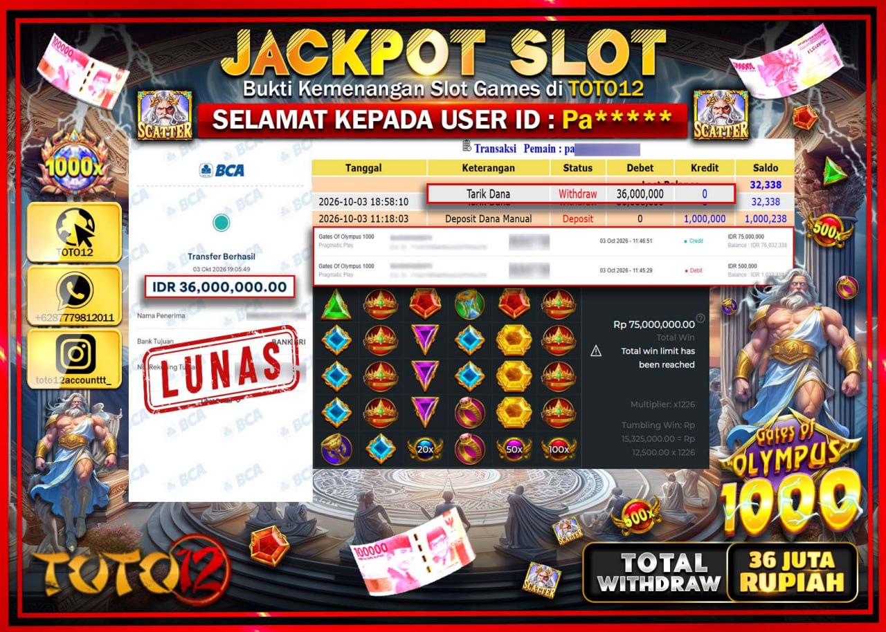 HANYA DI TOTO12 JP PASTI DI BAYAR LUNAS DAN CEPAT!!!!!! JACKPOT SLOT GAME (GATES OF OLYMPUS 1000) Rp36.000.000!!!!