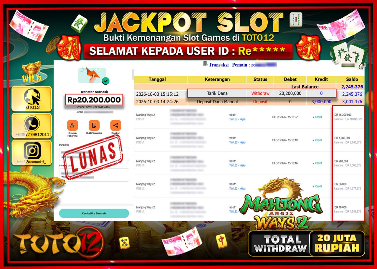 HANYA DI TOTO12 JP PASTI DI BAYAR LUNAS DAN CEPAT!!!!!! JACKPOT SLOT GAME (MAHJONG WAYS 2) Rp20.200.000!!!!