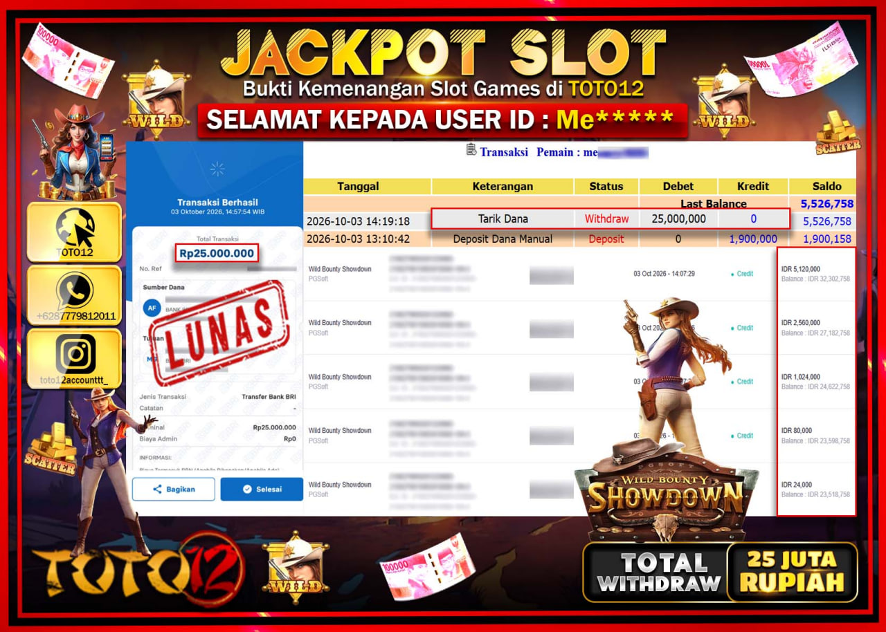 HANYA DI TOTO12 JP PASTI DI BAYAR LUNAS DAN CEPAT!!!!!! JACKPOT SLOT GAME (WILD BOUNTY SHOWDOWN) Rp25.000.000!!!!