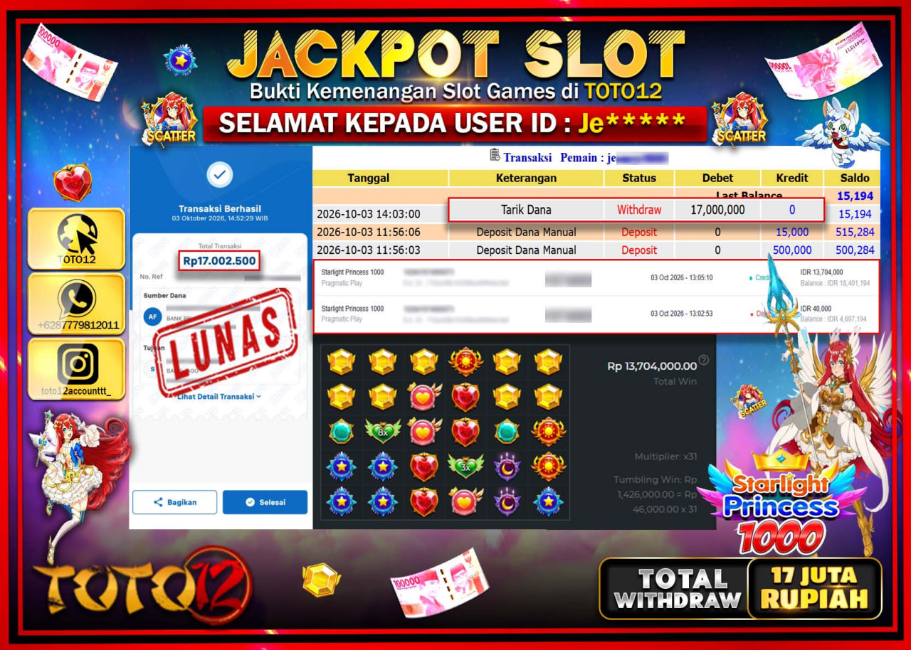 HANYA DI TOTO12 JP PASTI DI BAYAR LUNAS DAN CEPAT!!!!!! JACKPOT SLOT GAME (STARLIGHT PRINCESS 1000) Rp17.000.000!!!!