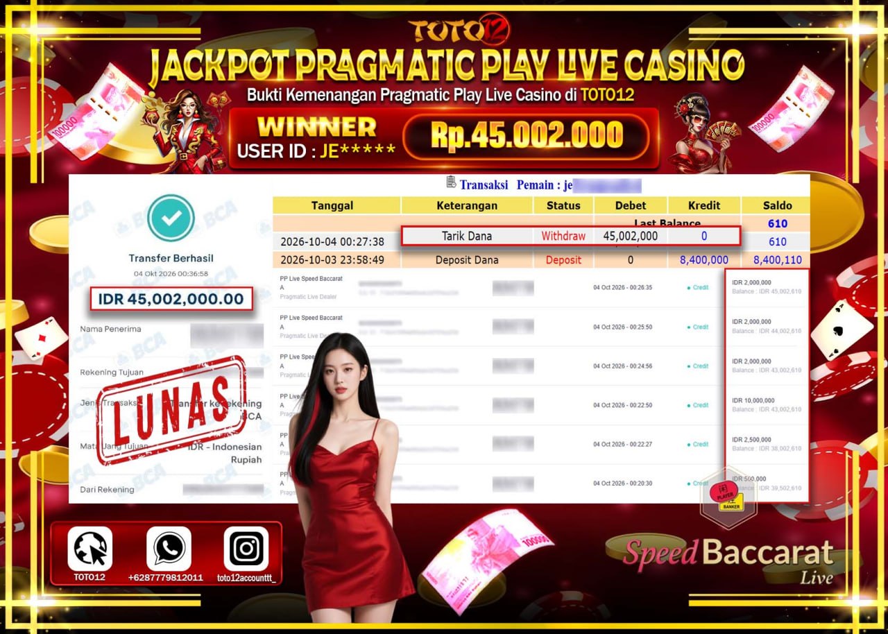 HANYA DI TOTO12 JP PASTI DI BAYAR LUNAS DAN CEPAT!!!!!! JACKPOT PRAGMATIC PLAY LIVE CASINO(SPEED BACCARAT A) Rp45.002.000!!!!