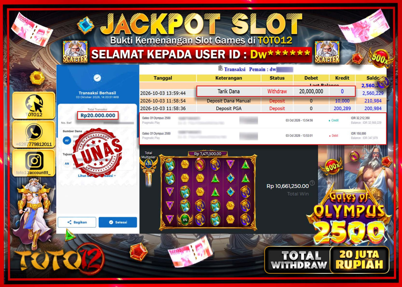 HANYA DI TOTO12 JP PASTI DI BAYAR LUNAS DAN CEPAT!!!!!! JACKPOT SLOT GAME (GATES OF OLYMPUS 2500) Rp20.000.000!!!!