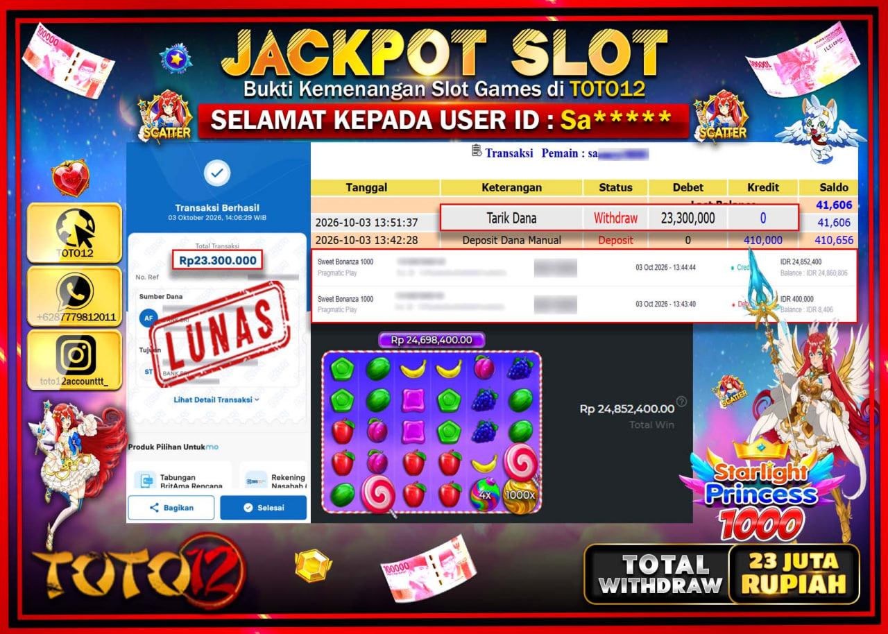 HANYA DI TOTO12 JP PASTI DI BAYAR LUNAS DAN CEPAT!!!!!! JACKPOT SLOT GAME (STARLIGHT PRINCESS 1000) Rp23.300.000!!!!