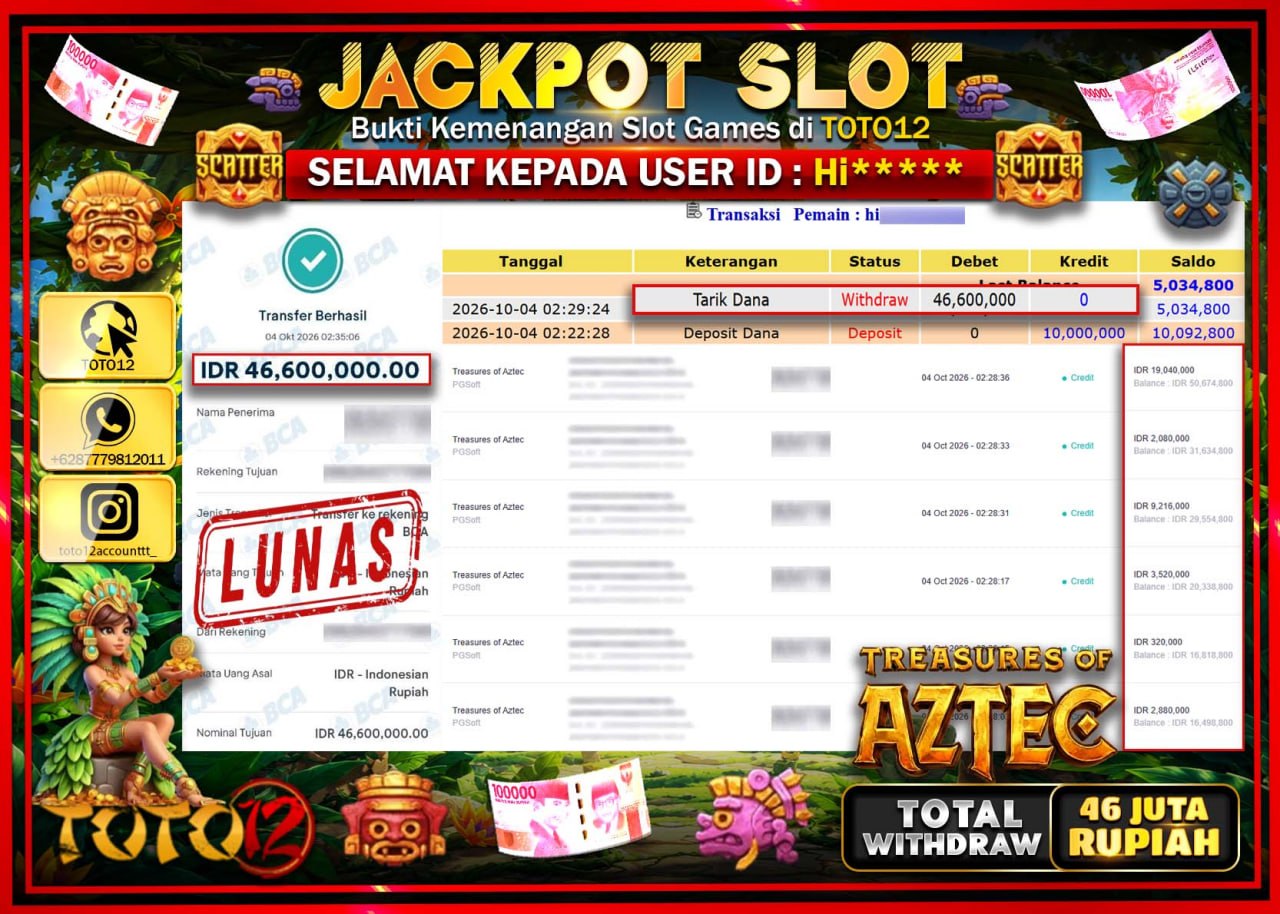 HANYA DI TOTO12 JP PASTI DI BAYAR LUNAS DAN CEPAT!!!!!! JACKPOT SLOT GAME (TREASURES OF AZTEC) Rp46.600.000!!!!