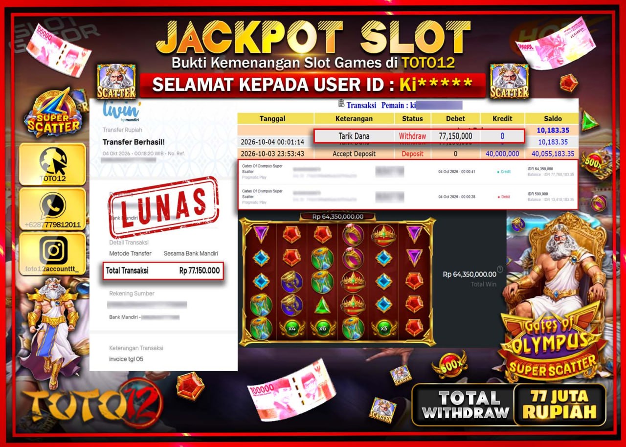 HANYA DI TOTO12 JP PASTI DI BAYAR LUNAS DAN CEPAT!!!!!! JACKPOT SLOT GAME (GATES OF OLYMPUS SUPER SCATTER) Rp77.150.000!!!!